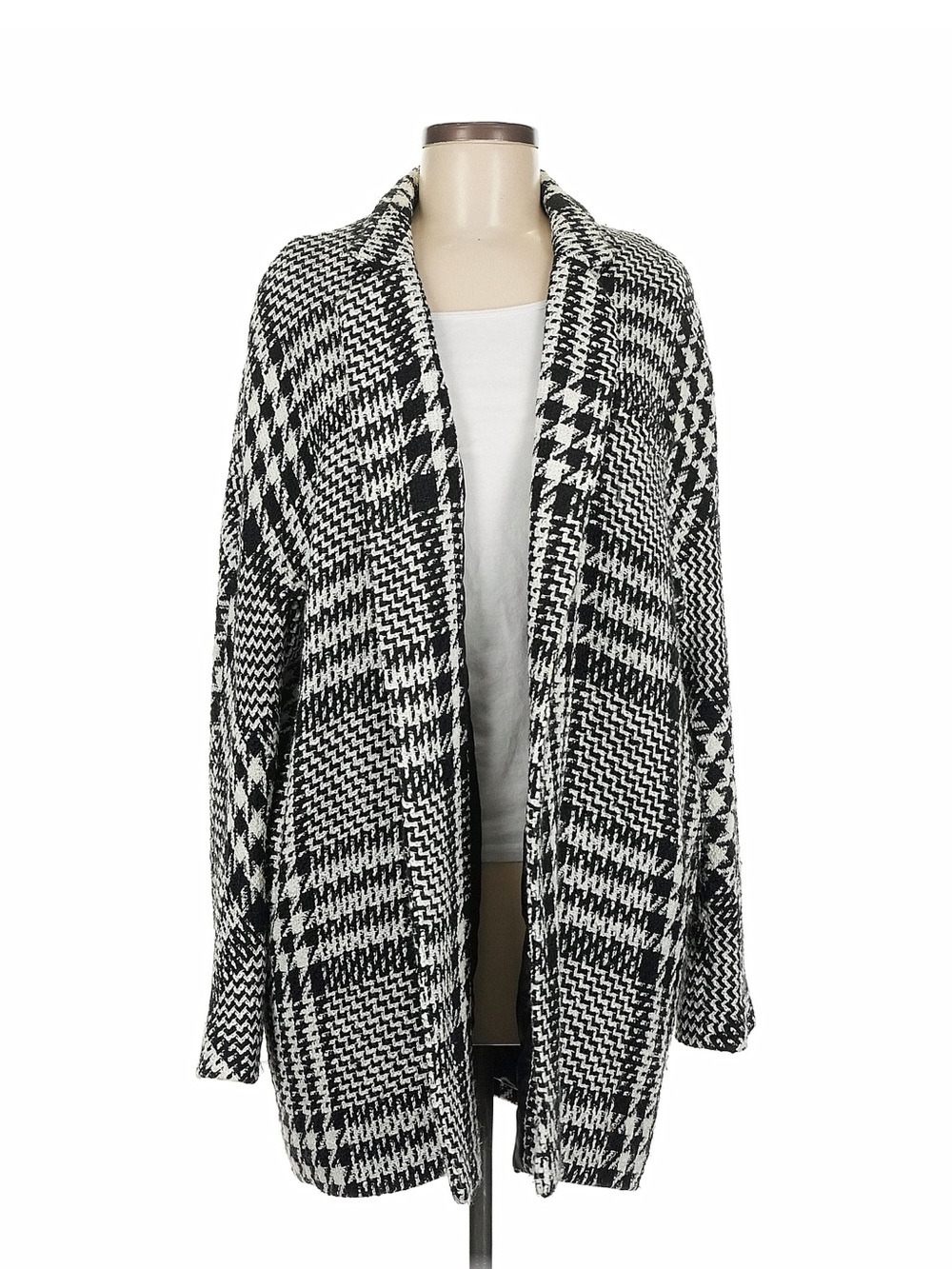 Mango Suit Black & White Houndstooth Open-Front Longline Jacket Sz M